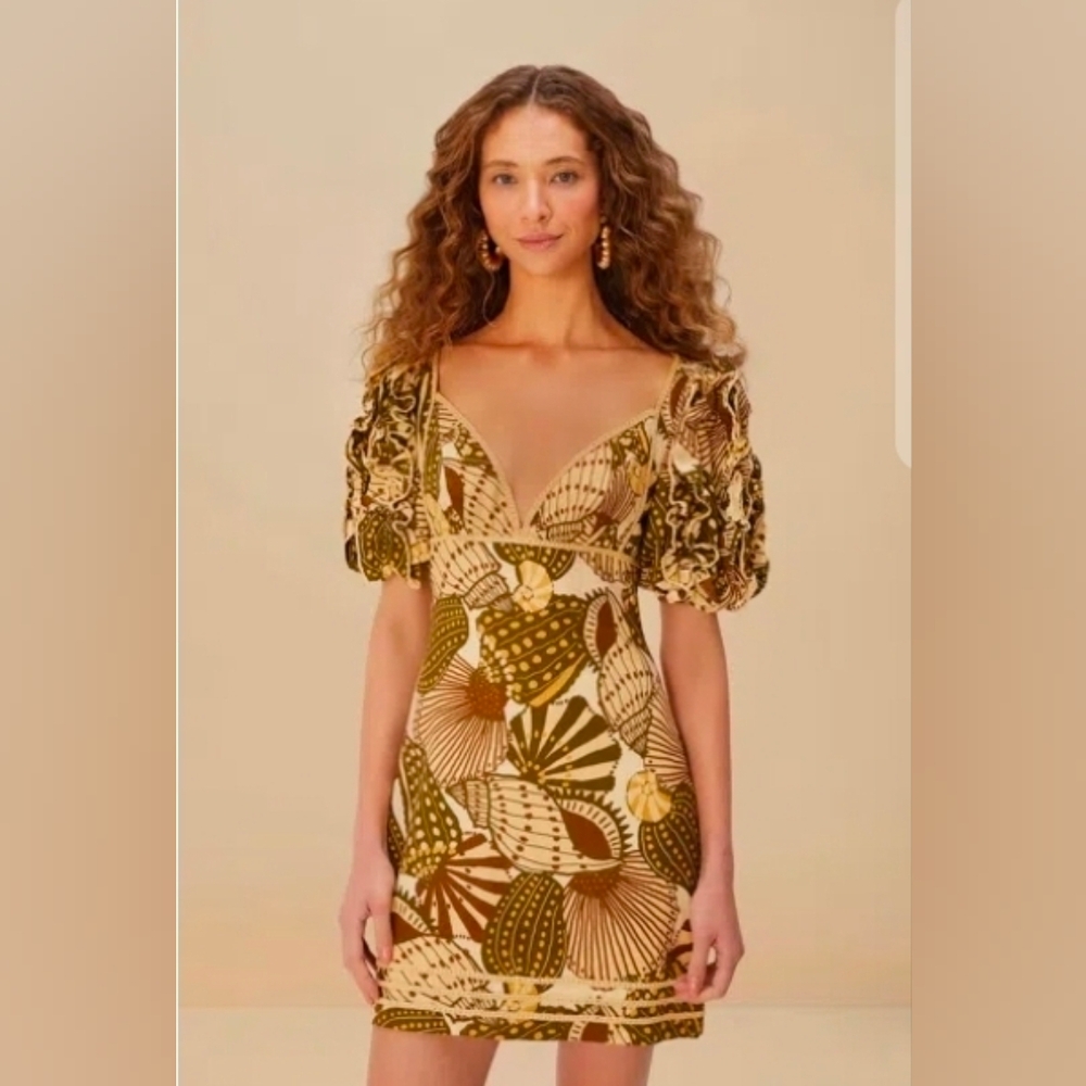 FARM Rio Multicolor Puff Sleeve Dress Sand Shell